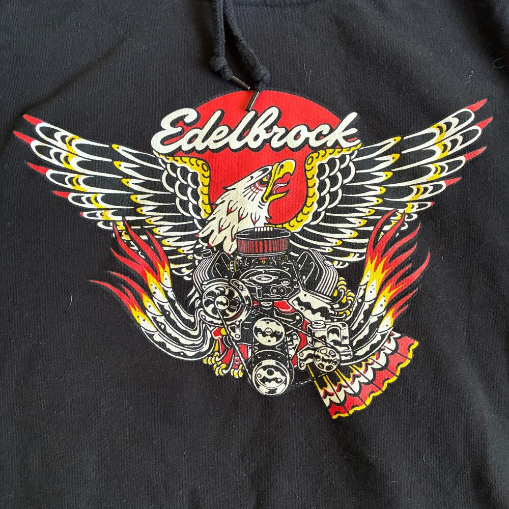 Edelbrock Crate Eagle Hoodie XXL 2XL Black Pullover Fleece Graphic Sweatshirt